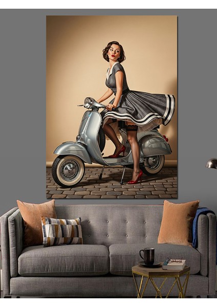 Scooter Üzerinde Şık Kadın Dekoratif Kanvas - Mdf Ahşap Tablo fırsatları