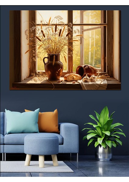 Pencere Önü Vazo Çiçekleri Manzarası Dekoratif Kanvas - Mdf Ahşap Tablo fırsatları