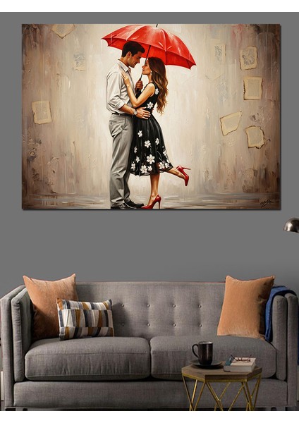 Kırmızı Şemsiye Altında Aşk Dekoratif Kanvas - Mdf Ahşap Tablo