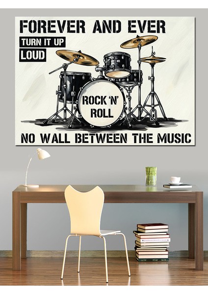 Bateri ve Rock'n Roll Afişi Dekoratif Kanvas - Mdf Ahşap Tablo