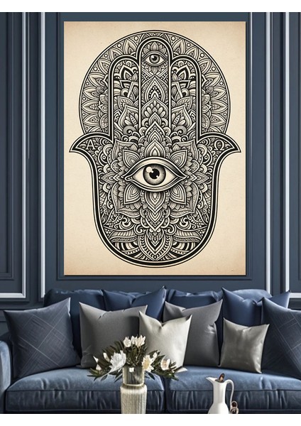 El Şeklinde Hamsa Sembolü Dekoratif Kanvas - Mdf Ahşap Tablo