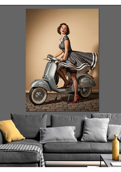 Scooter Üzerinde Şık Kadın Dekoratif Kanvas - Mdf Ahşap Tablo indirimleri