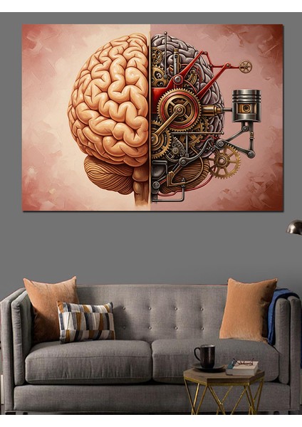Yarısı Mekanik Insan Beyni Soyut Dekoratif Kanvas - Mdf Ahşap Tablo