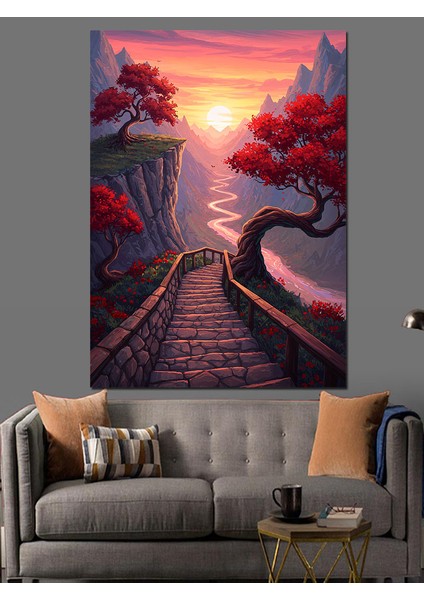 Pembe Mor Gün Batımı Manzarası ve Ağaçlar Dekoratif Kanvas - Mdf Ahşap Tablo modelleri