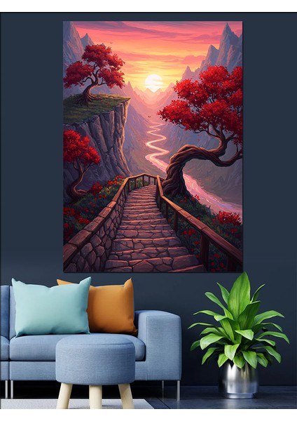 Pembe Mor Gün Batımı Manzarası ve Ağaçlar Dekoratif Kanvas - Mdf Ahşap Tablo fırsatları