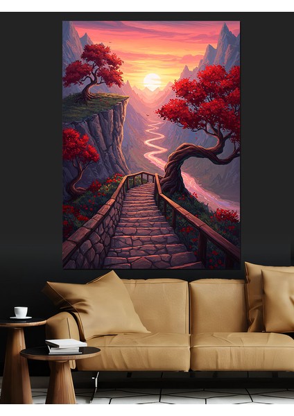 Pembe Mor Gün Batımı Manzarası ve Ağaçlar Dekoratif Kanvas - Mdf Ahşap Tablo indirimleri