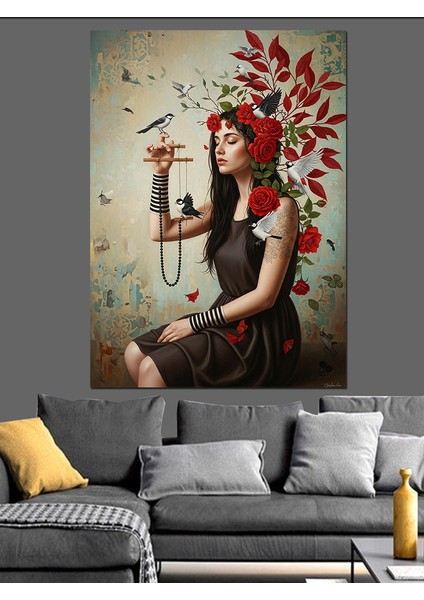 Kuşlar ve Çiçekler Içinde Kadın Dekoratif Kanvas - Mdf Ahşap Tablo