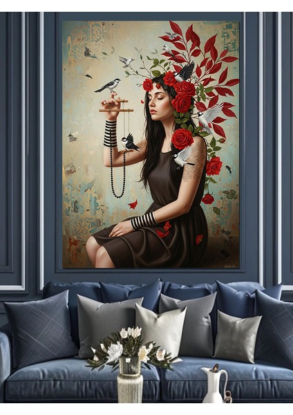 Kuşlar ve Çiçekler Içinde Kadın Dekoratif Kanvas - Mdf Ahşap Tablo fiyatları