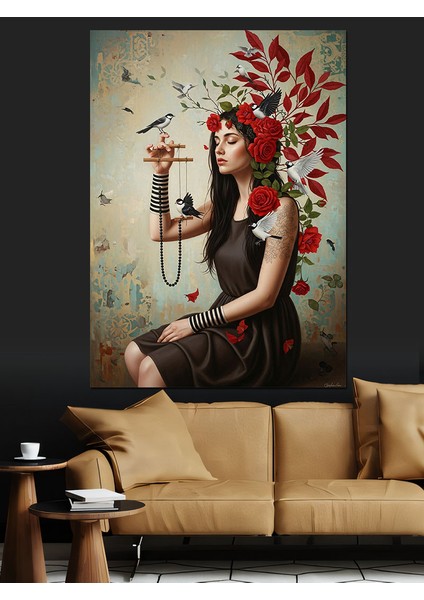 Kuşlar ve Çiçekler Içinde Kadın Dekoratif Kanvas - Mdf Ahşap Tablo modelleri