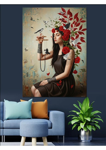 Kuşlar ve Çiçekler Içinde Kadın Dekoratif Kanvas - Mdf Ahşap Tablo fırsatları
