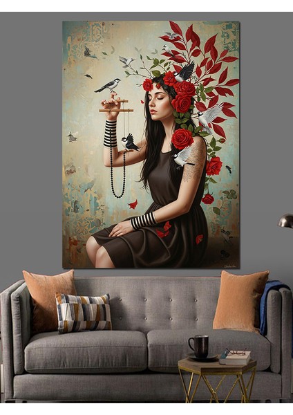 Kuşlar ve Çiçekler Içinde Kadın Dekoratif Kanvas - Mdf Ahşap Tablo indirimleri