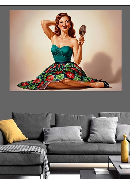 Ayna Tutan Retro Kadın Dekoratif Kanvas - Mdf Ahşap Tablo