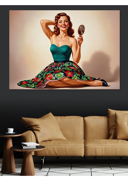Ayna Tutan Retro Kadın Dekoratif Kanvas - Mdf Ahşap Tablo fiyatları