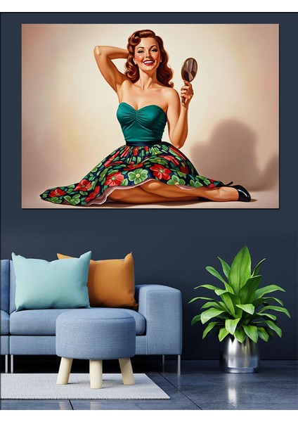 Ayna Tutan Retro Kadın Dekoratif Kanvas - Mdf Ahşap Tablo modelleri