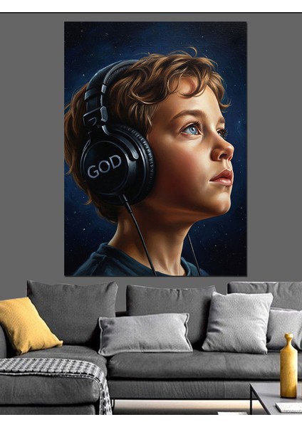 Kulaklık Takmış Çekici Çocuk Dekoratif Kanvas - Mdf Ahşap Tablo