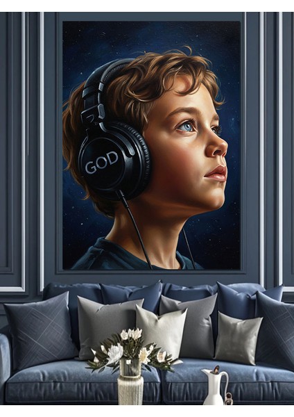 Kulaklık Takmış Çekici Çocuk Dekoratif Kanvas - Mdf Ahşap Tablo indirimleri