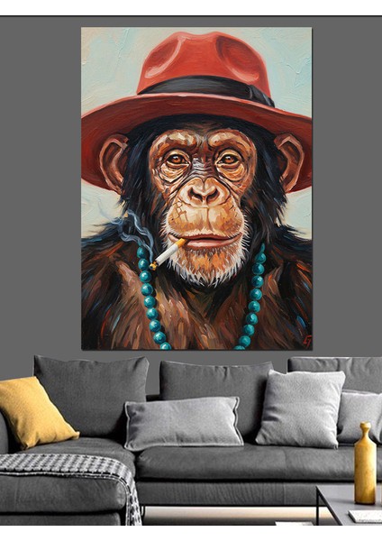 Kırmızı Şapkalı Şık Maymun Dekoratif Kanvas - Mdf Ahşap Tablo