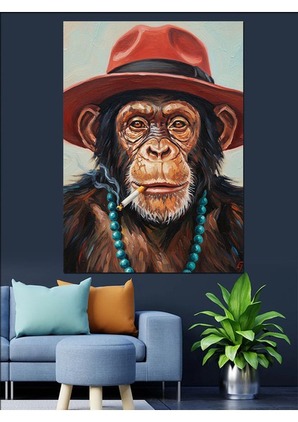 Kırmızı Şapkalı Şık Maymun Dekoratif Kanvas - Mdf Ahşap Tablo modelleri