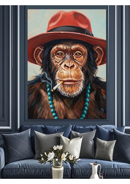 Kırmızı Şapkalı Şık Maymun Dekoratif Kanvas - Mdf Ahşap Tablo indirimleri