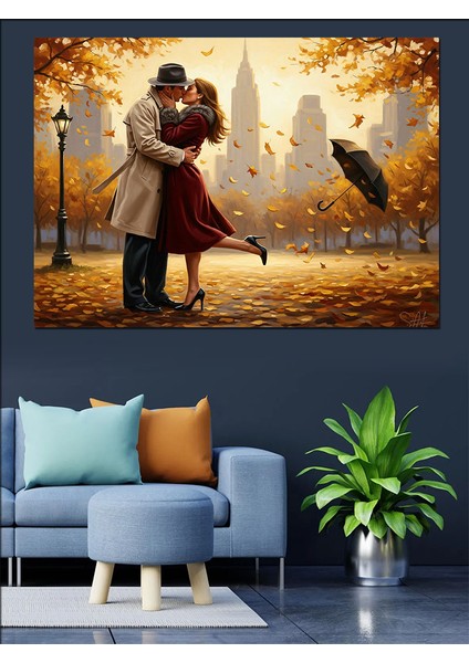 Sonbaharda Aşık Çift Dekoratif Kanvas - Mdf Ahşap Tablo