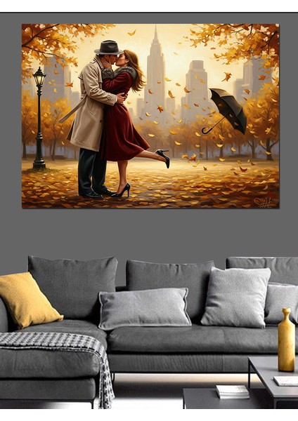 Sonbaharda Aşık Çift Dekoratif Kanvas - Mdf Ahşap Tablo fırsatları