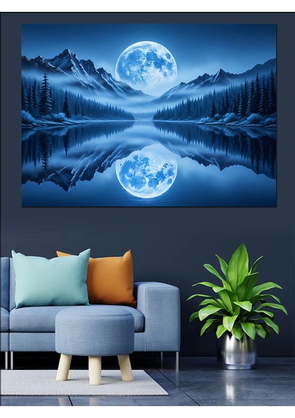 Dolunay Yansıması Deniz Manzarası Mavi Dekoratif Kanvas - Mdf Ahşap Tablo