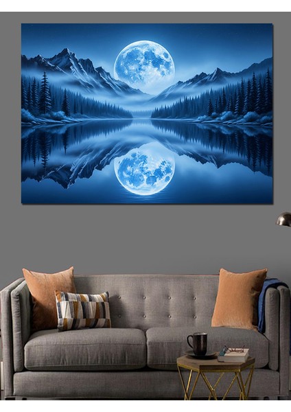 Dolunay Yansıması Deniz Manzarası Mavi Dekoratif Kanvas - Mdf Ahşap Tablo fiyatları