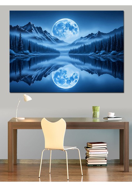 Dolunay Yansıması Deniz Manzarası Mavi Dekoratif Kanvas - Mdf Ahşap Tablo modelleri