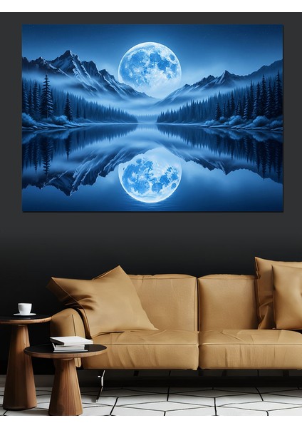 Dolunay Yansıması Deniz Manzarası Mavi Dekoratif Kanvas - Mdf Ahşap Tablo indirimleri