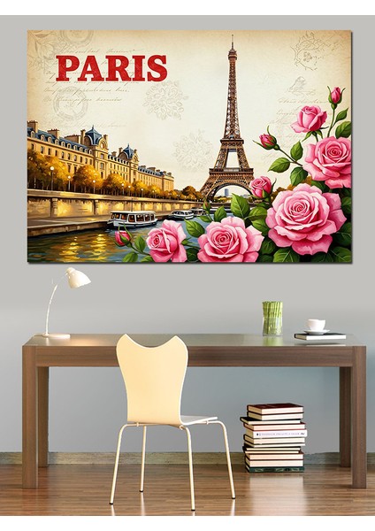 Paris Eyfel Kulesi Güller Dekoratif Kanvas - Mdf Ahşap Tablo