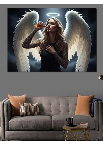 Karanlıkta Içki Içen Üzgün Melek Illüstrasyon Dekoratif Kanvas - Mdf Ahşap Tablo