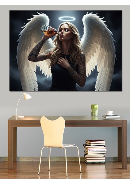Karanlıkta Içki Içen Üzgün Melek Illüstrasyon Dekoratif Kanvas - Mdf Ahşap Tablo fiyatları