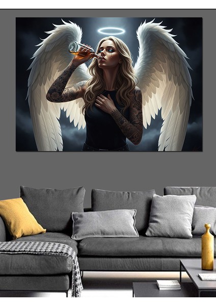 Karanlıkta Içki Içen Üzgün Melek Illüstrasyon Dekoratif Kanvas - Mdf Ahşap Tablo modelleri
