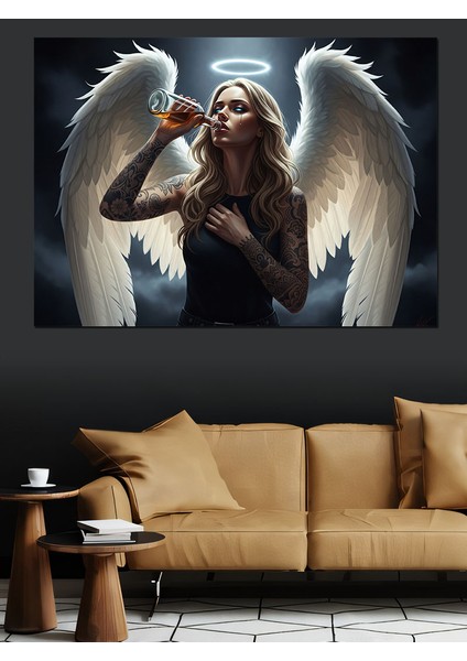 Karanlıkta Içki Içen Üzgün Melek Illüstrasyon Dekoratif Kanvas - Mdf Ahşap Tablo fırsatları