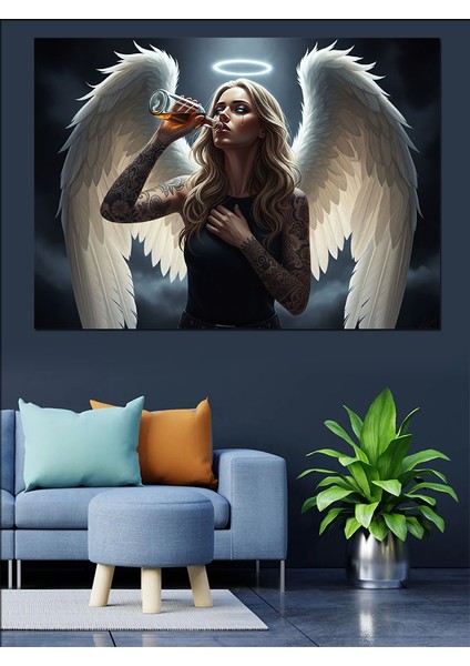 Karanlıkta Içki Içen Üzgün Melek Illüstrasyon Dekoratif Kanvas - Mdf Ahşap Tablo indirimleri