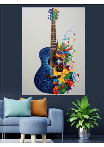 Mavi Gitar ve Müzik Dekoratif Kanvas - Mdf Ahşap Tablo