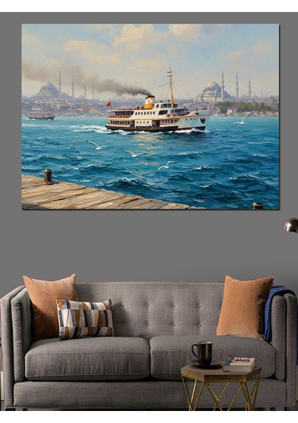 Istanbul'da Vapur Deniz Manzarası Dekoratif Kanvas - Mdf Ahşap Tablo