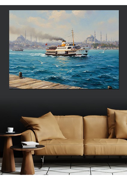 Istanbul'da Vapur Deniz Manzarası Dekoratif Kanvas - Mdf Ahşap Tablo fırsatları