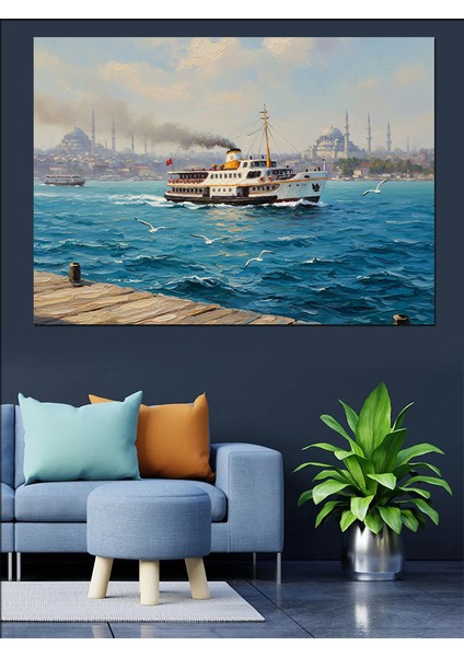 Istanbul'da Vapur Deniz Manzarası Dekoratif Kanvas - Mdf Ahşap Tablo indirimleri
