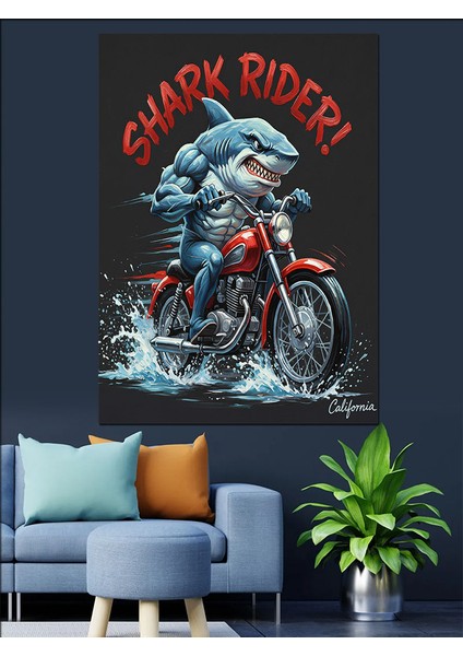 Motorsikletçi Köpek Balığı Shark Rider Dekoratif Kanvas - Mdf Ahşap Tablo