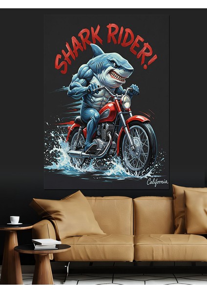 Motorsikletçi Köpek Balığı Shark Rider Dekoratif Kanvas - Mdf Ahşap Tablo fiyatları