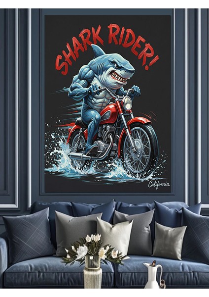 Motorsikletçi Köpek Balığı Shark Rider Dekoratif Kanvas - Mdf Ahşap Tablo modelleri