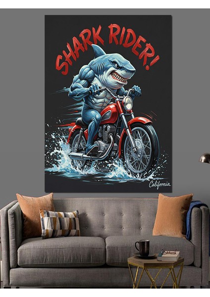 Motorsikletçi Köpek Balığı Shark Rider Dekoratif Kanvas - Mdf Ahşap Tablo indirimleri