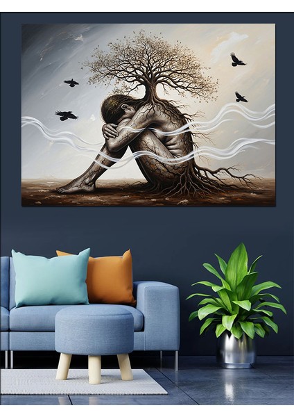 Hüzünlü Ağaç Kadın Soyut Çizim Dekoratif Kanvas - Mdf Ahşap Tablo