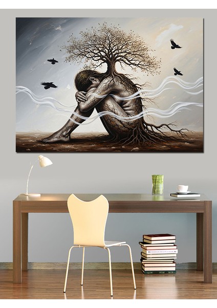 Hüzünlü Ağaç Kadın Soyut Çizim Dekoratif Kanvas - Mdf Ahşap Tablo modelleri