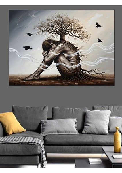 Hüzünlü Ağaç Kadın Soyut Çizim Dekoratif Kanvas - Mdf Ahşap Tablo fırsatları