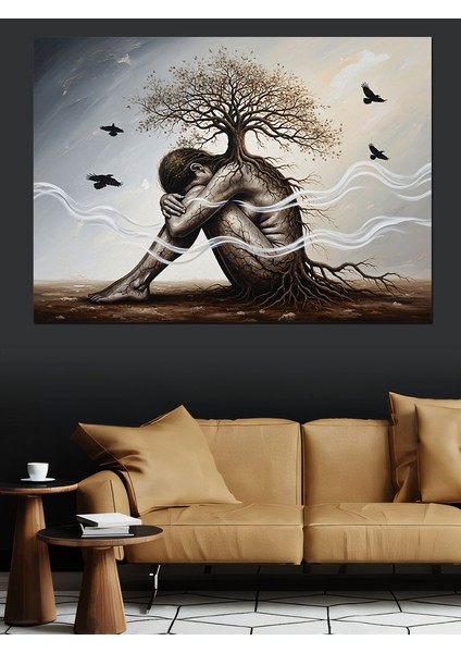 Hüzünlü Ağaç Kadın Soyut Çizim Dekoratif Kanvas - Mdf Ahşap Tablo indirimleri