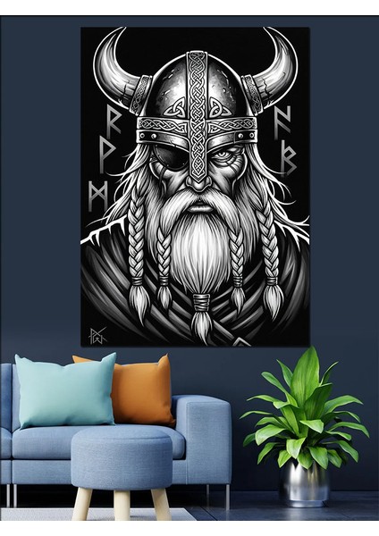 Miğferli Sakallı Viking Savaşçısı Dekoratif Kanvas - Mdf Ahşap Tablo