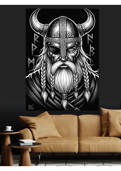 Miğferli Sakallı Viking Savaşçısı Dekoratif Kanvas - Mdf Ahşap Tablo fiyatları
