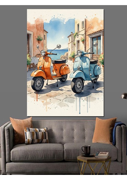 Mavi Gri Scooter'lar Dekoratif Kanvas - Mdf Ahşap Tablo